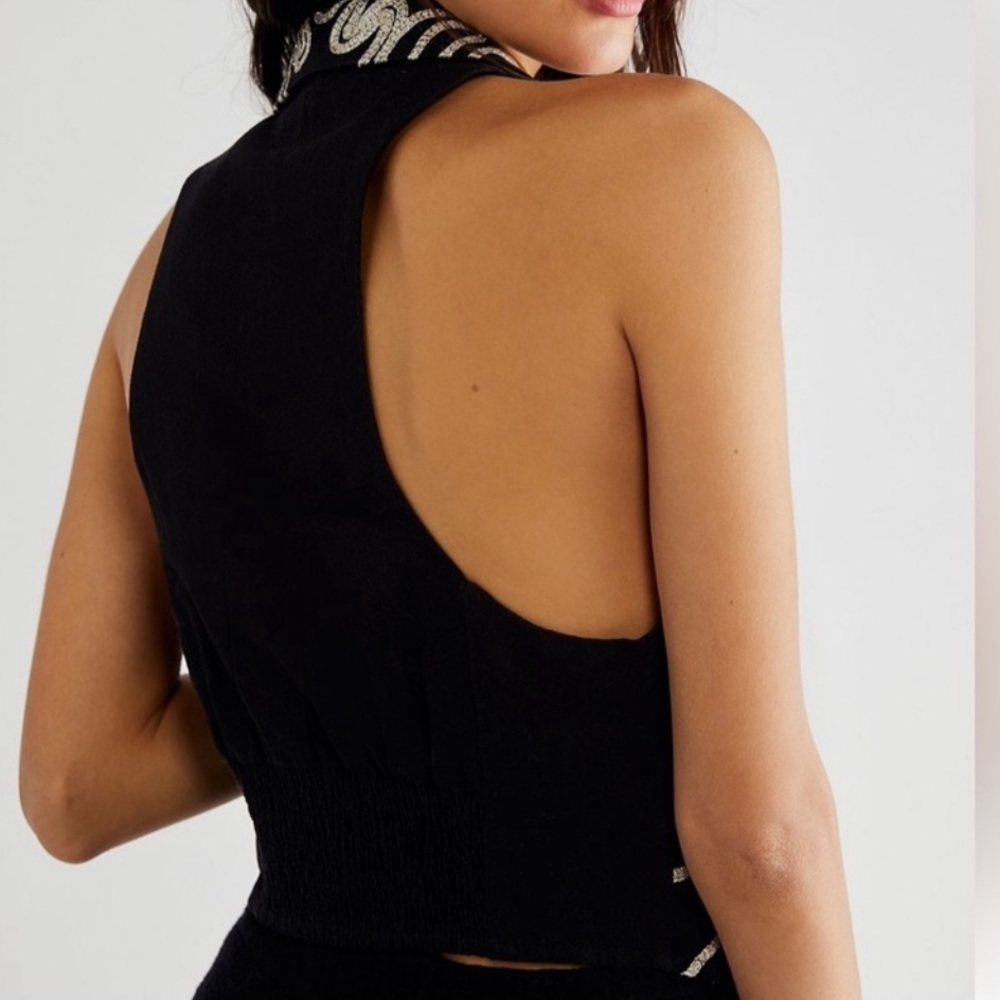 Free People Black Halter Embroidered Camisole with White Detailing - Picture 3 of 7